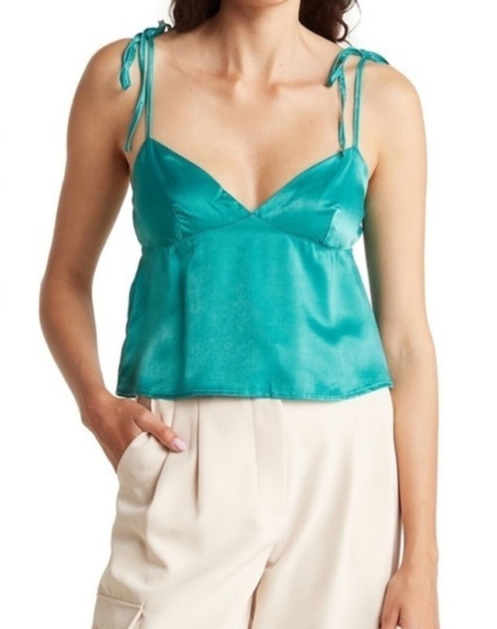 NWT WeWoreWhat Teal Green Sateen Tie Shoulder Cami Blouse Women's Large